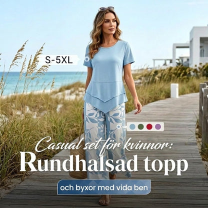 👗 50% RABATT NU! 🌿 Casual Rund Hals Layered Tunika & Vida Byxor Set – Asymmetrisk Fåll, Mönstrade Byxor & Andningsbar ✨