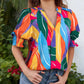 👚 50% RABATT NU! 🌺 Kvinnors Blommig V-ringad Puffärm Blus – Romantiska Puffärmar, Konstnärligt Blommönster & Mångsidig Stil För En Elegant Look ✨