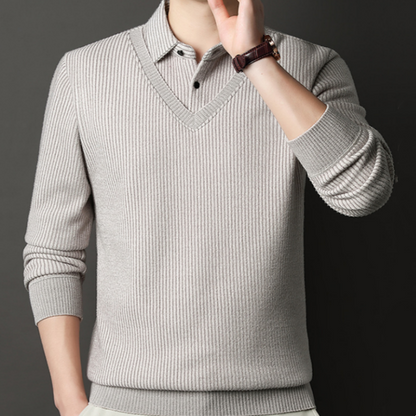 Men's V-Neck Fake Two-Piece Knitted Sweater