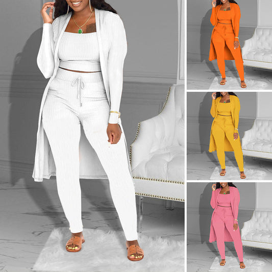 💃SISTA DAGENS REA - 50% RABATT🔥Ledig 3-delat stickat set – Beskuren topp, kofta och byxor💞
