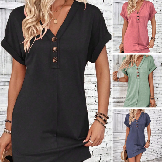 👗 60% RABATT ✨ | Enfärgad Knappklänning – V-ringning & Upprullade Ärmar