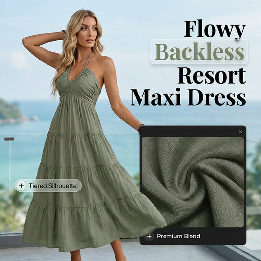 👗 50% RABATT NU! 🌴Halterneck baklös maxiklänning – volanger, flödande & perfekt för semestern 👗